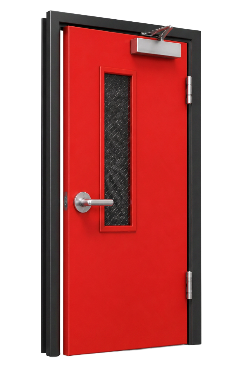 Red fire door with Flame Block branded sign, closer and vision panel