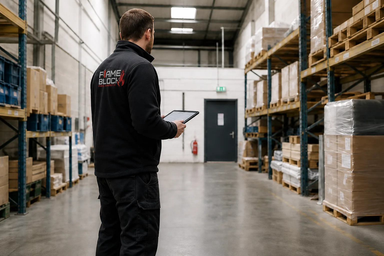 Flame Block fire safety engineer carrying out an assessment in a warehouse